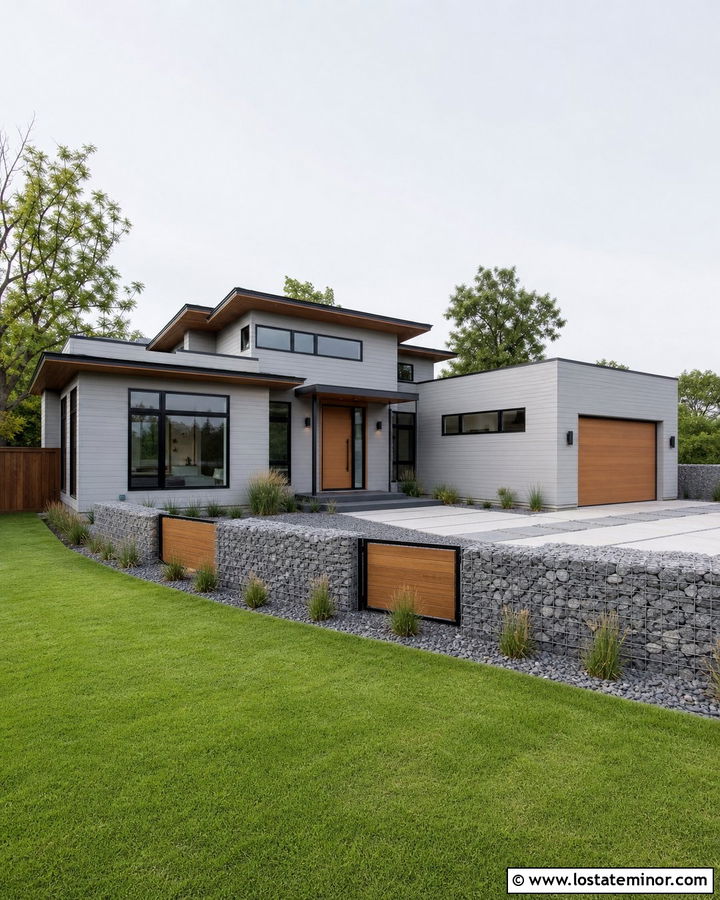 Light Grey Contemporary House With Gabion Fence - 30 Light Grey House Design With Fence Ideas
