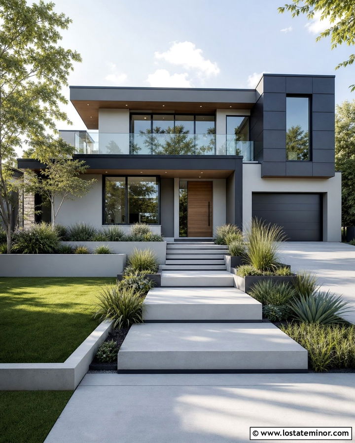 Light Grey Contemporary House With Glass Railings - 30 Light Grey House Design With Railings Ideas