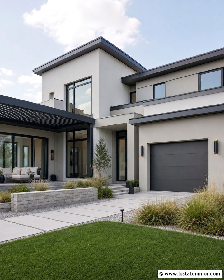 Light Grey Contemporary House With Louvered Pergola - 30 Light Grey House Design With Pergola Ideas