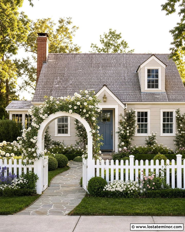 Light Grey Cottage House With Arbor Fence - 30 Light Grey House Design With Fence Ideas