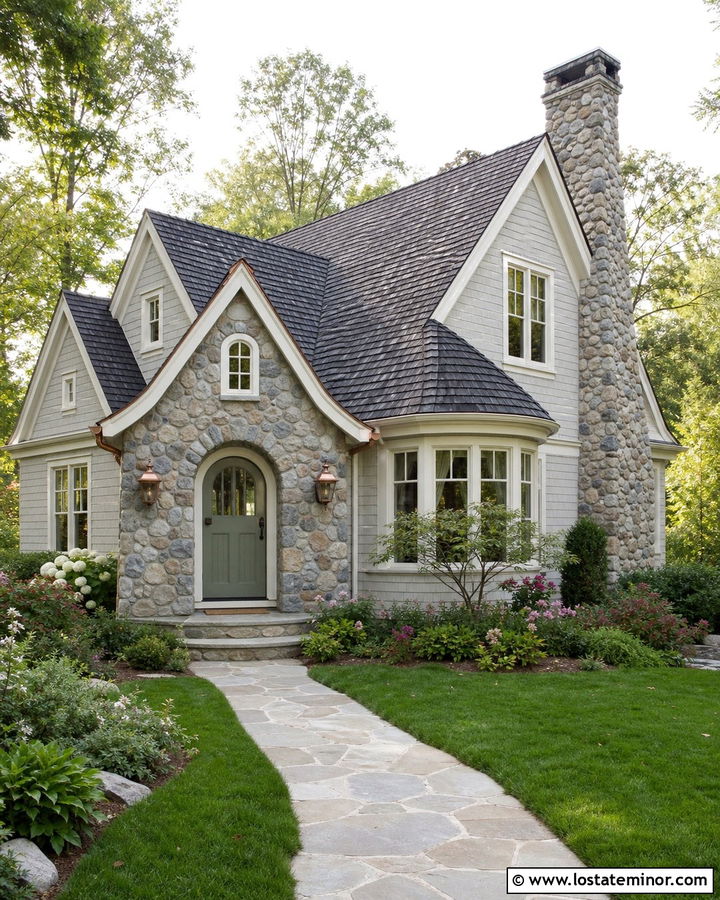 Light Grey Cottage House With Cobblestone - 30 Light Grey House Design With Stone Accents Ideas