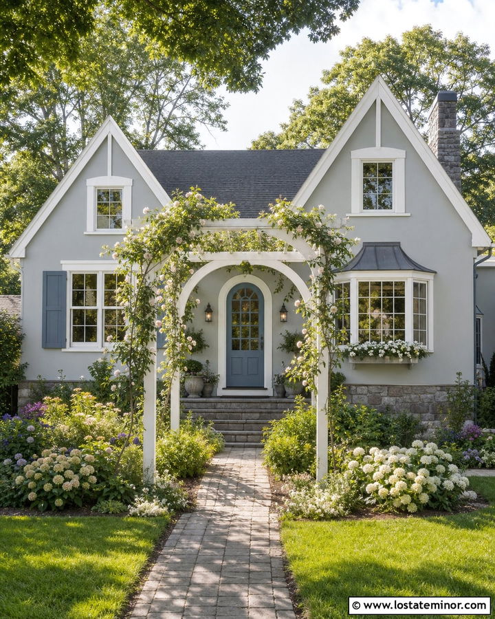 Light Grey Cottage With Arched Pergola - 30 Light Grey House Design With Pergola Ideas