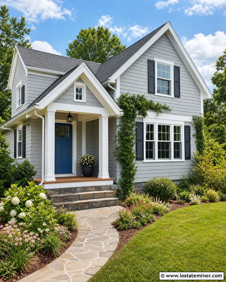 Light Grey Cottage With Blue Door And Grey Shingles - 30 Light Grey House Design With Shingles Ideas