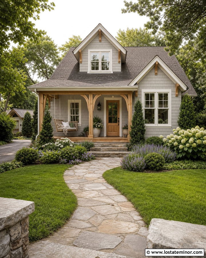 Light Grey Cottage With Cedar Front Porch - 30 Light Grey House Design With Front Porch Ideas
