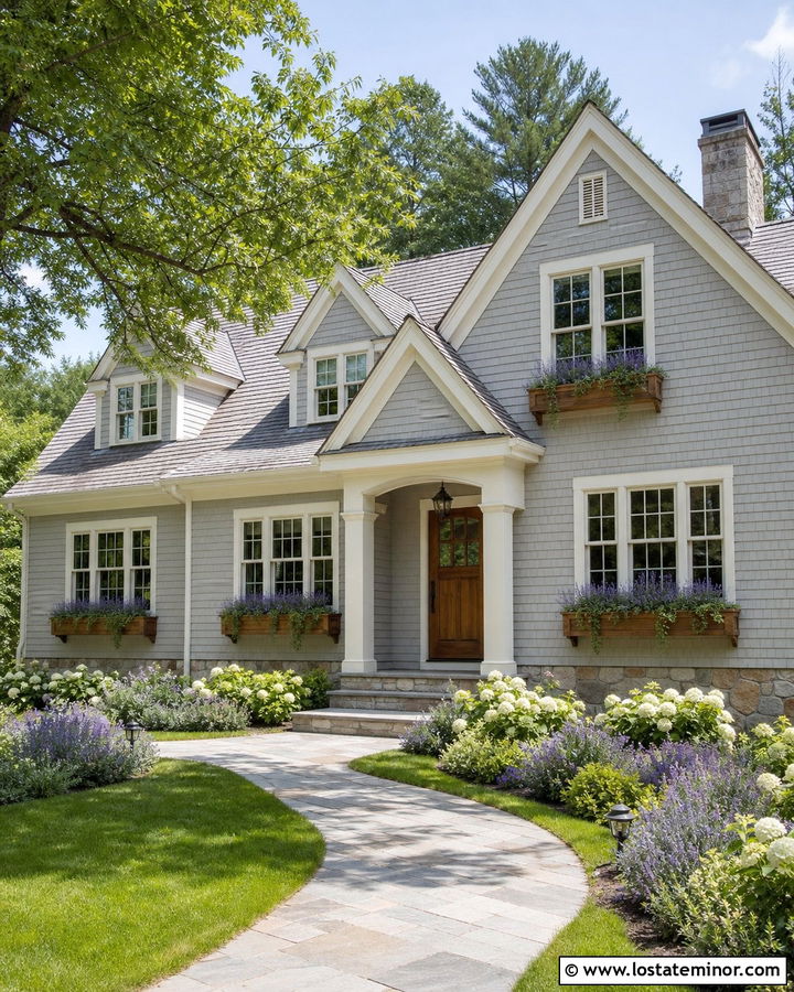 Light Grey Cottage With Cedar Window Boxes - 30 Light Grey House Design With Window Boxes Ideas