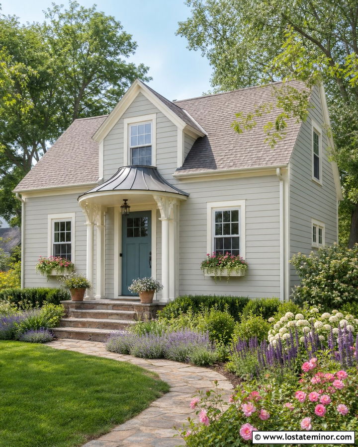 Light Grey Cottage With Curved Portico - 30 Light Grey House Design With Portico Ideas
