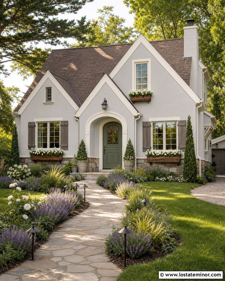 Light Grey Cottage With Path Lighting - 30 Light Grey House Design With Lighting Ideas