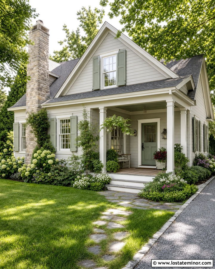 Light Grey Cottage With Sage Green Porch Ceiling - 30 Light Grey House Design With Porch Ceiling Ideas