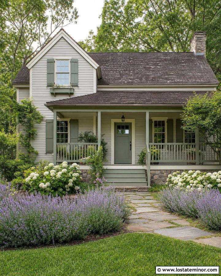 Light Grey Cottage With Sage Green Railings - 30 Light Grey House Design With Railings Ideas