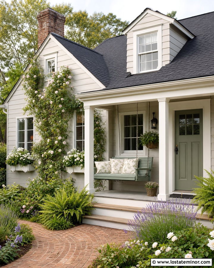 Light Grey Cottage With Sage Green Swing - 30 Light Grey House Design With Swing Ideas