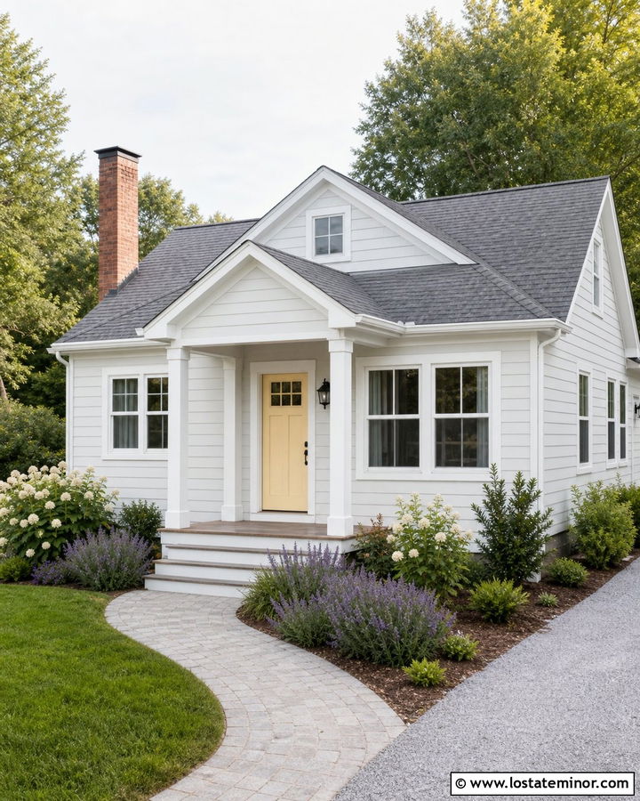 Light Grey Cottage With Slim White Porch Columns - 30 Light Grey House Design With Porch Columns Ideas