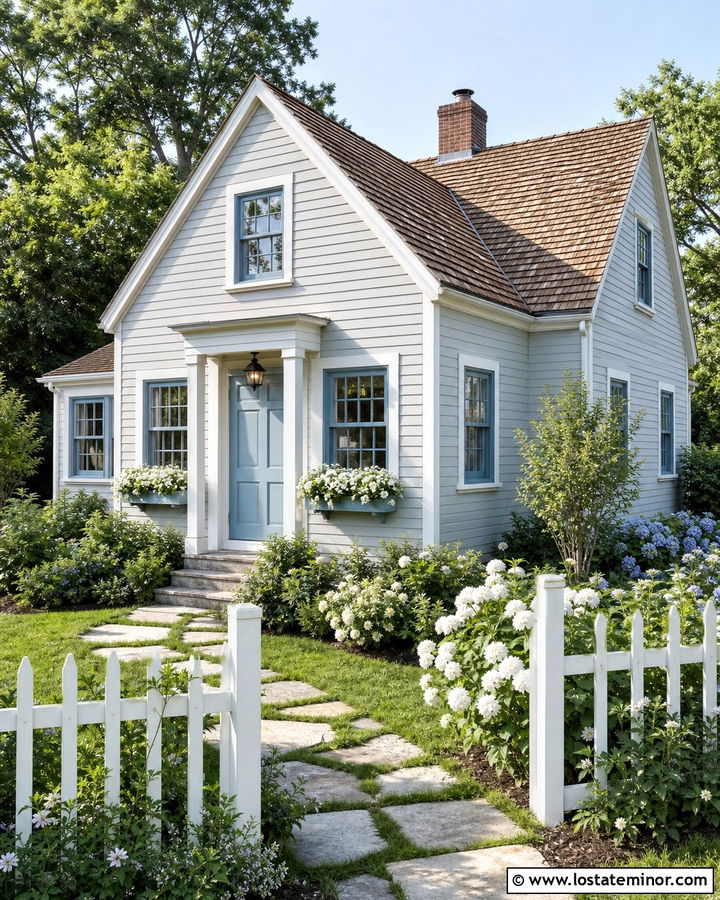 Light Grey Cottage With Soft Blue Window Frames - 30 Light Grey House Design With Window Frames Ideas