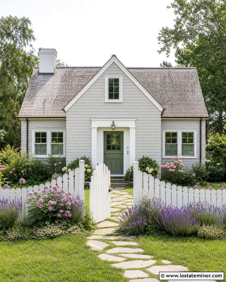 Light Grey Cottage With White Scalloped Fence - 30 Light Grey House Design With Fence Ideas
