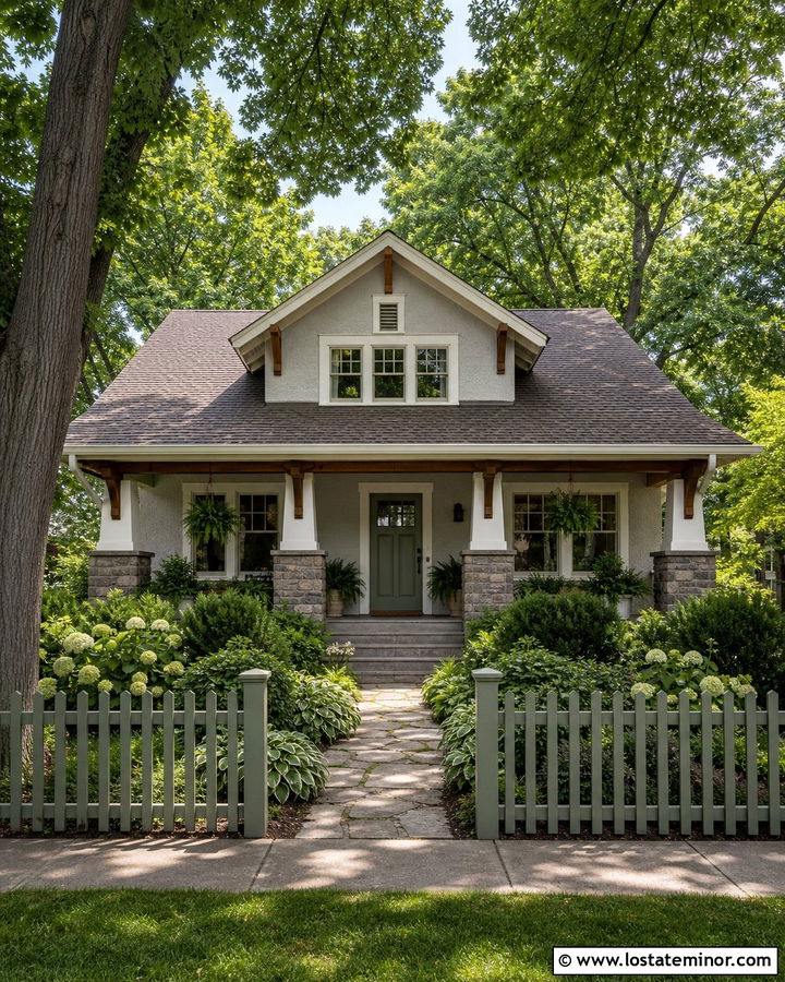 Light Grey Craftsman Bungalow With Green Fence - 30 Light Grey House Design With Fence Ideas