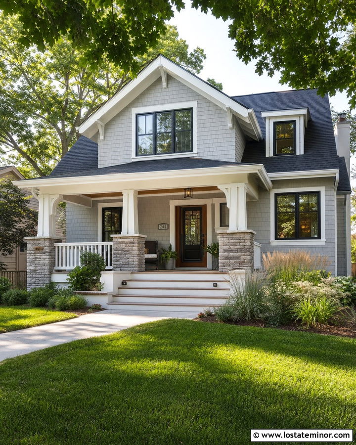 Light Grey Craftsman House With Black Screen Door - 30 Light Grey House Design With Screen Door Ideas