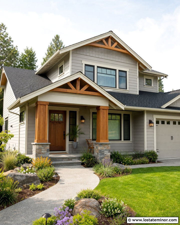 Light Grey Craftsman House With Cedar Porch Columns - 30 Light Grey House Design With Porch Columns Ideas