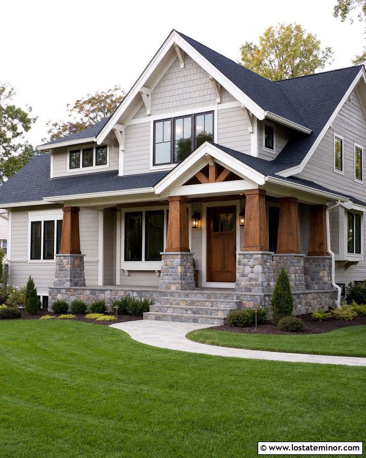 Light Grey Craftsman House With Fieldstone Porch - 30 Light Grey House Design With Stone Accents Ideas