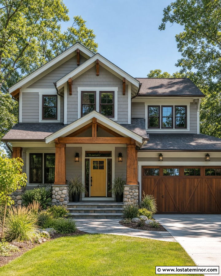 Light Grey Craftsman House With Mustard Door - 30 Light Grey House Design With Front Door Ideas