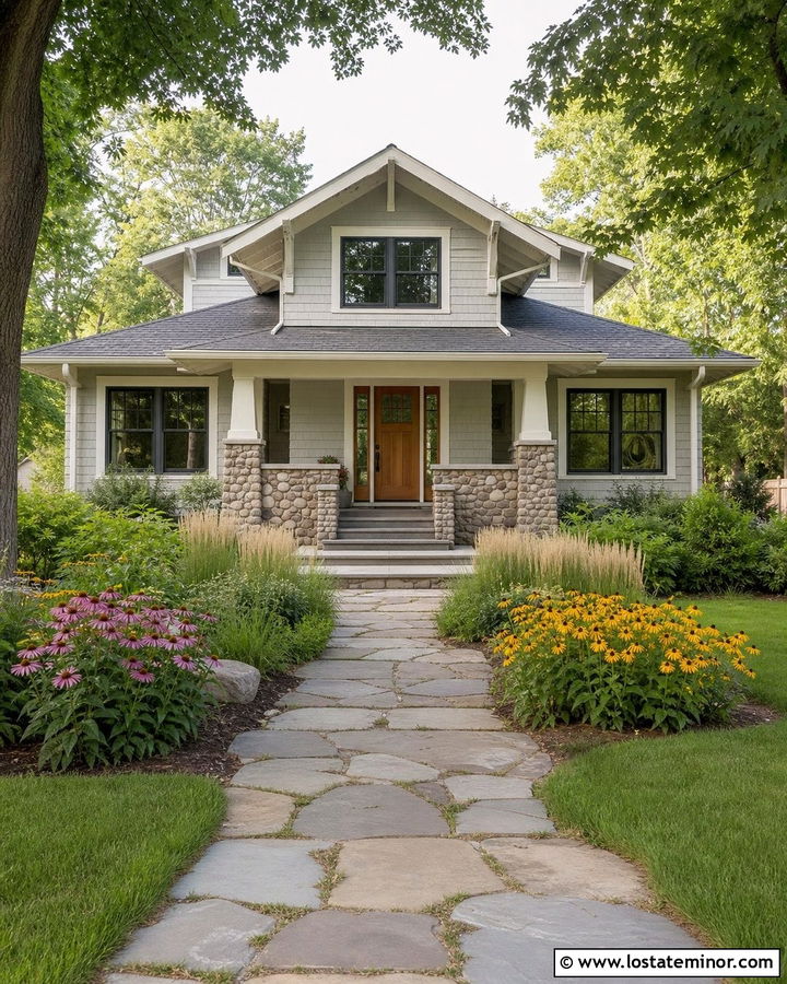 Light Grey Craftsman House With Native Plant Garden - 30 Light Grey House Design With Front Yard Ideas