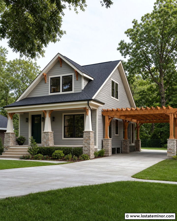 Light Grey Craftsman House With Pergola Carport - 30 Light Grey House Design With Pergola Ideas
