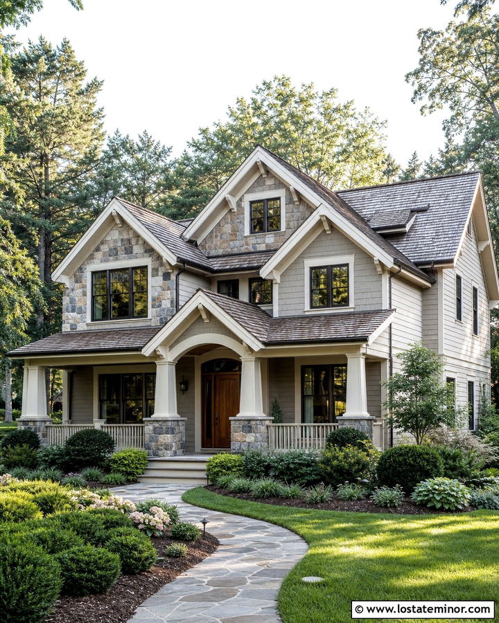 Light Grey Craftsman House With Stone Dormers - 30 Light Grey House Design With Dormers Ideas