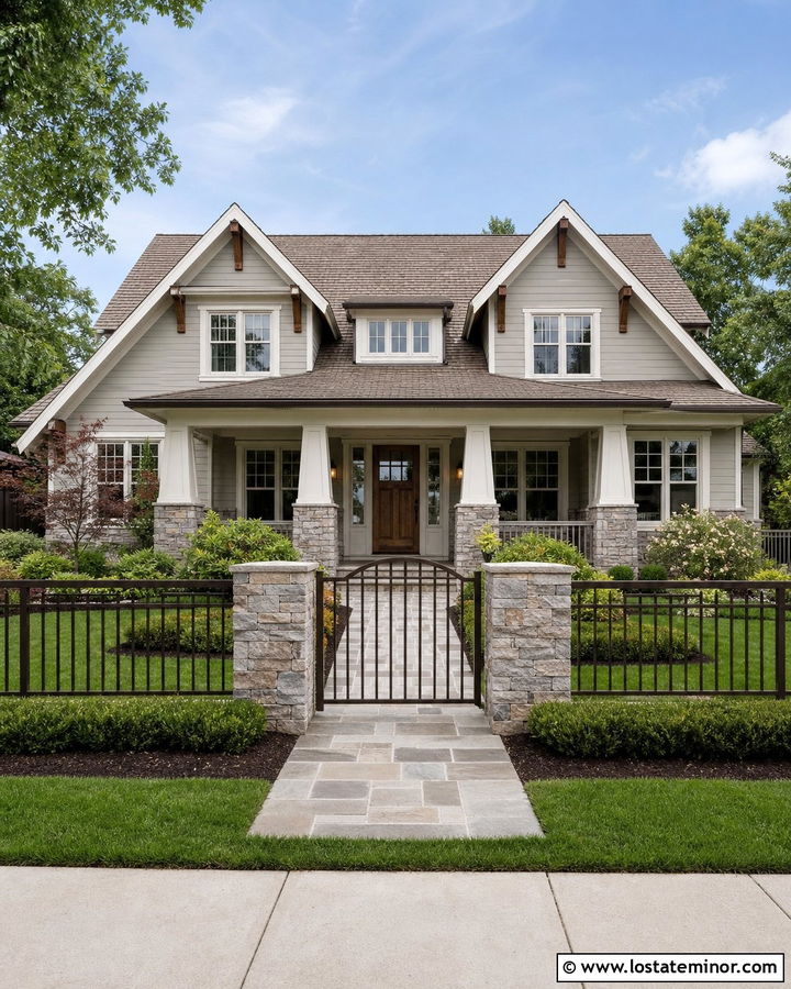 Light Grey Craftsman House With Stone Pillar Fence - 30 Light Grey House Design With Fence Ideas