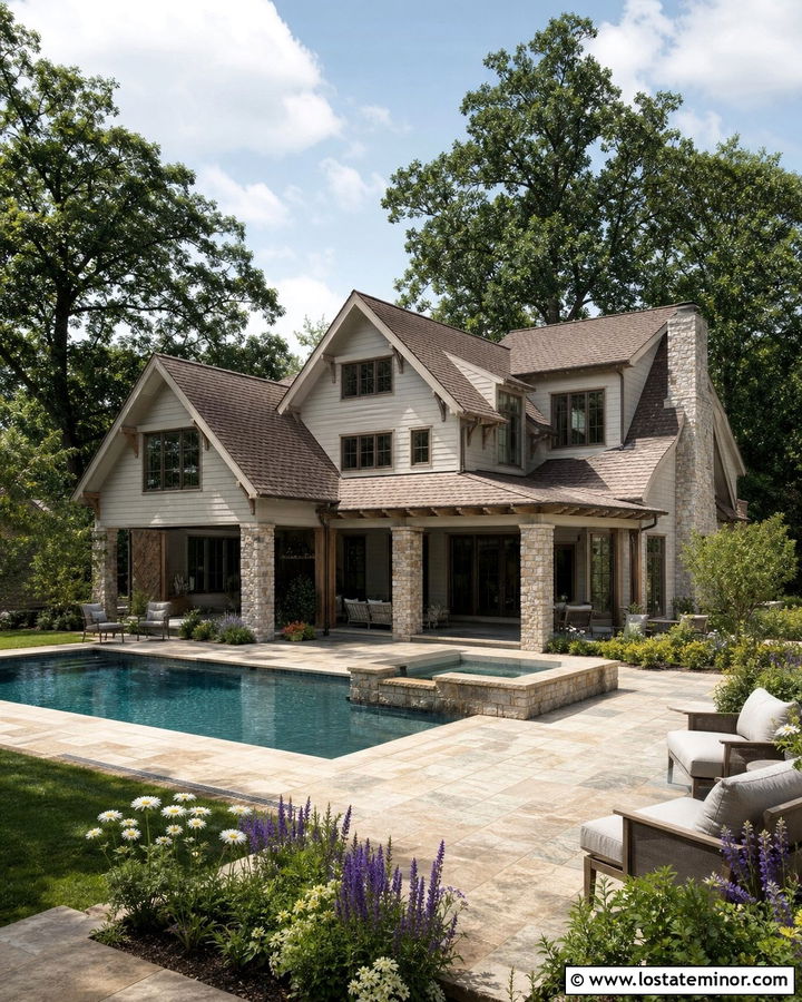 Light Grey Craftsman House With Stone Pool Deck - 30 Light Grey House Design With Swimming Pool Ideas
