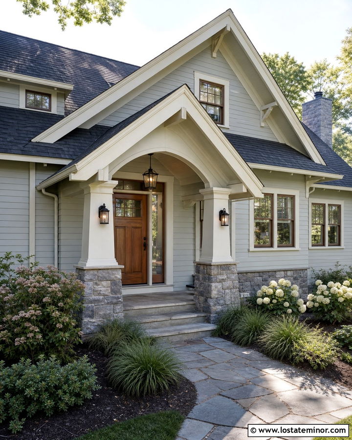 Light Grey Craftsman House With Stone Portico - 30 Light Grey House Design With Portico Ideas