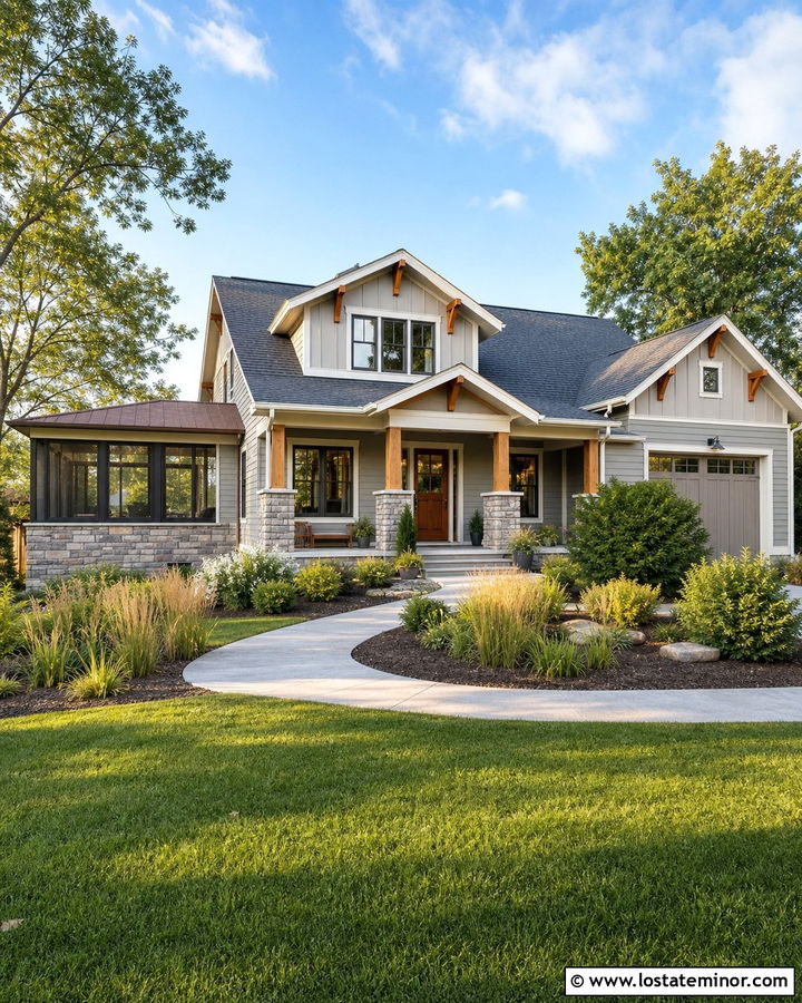Light Grey Craftsman House With Stone Sunroom - 30 Light Grey House Design With Sunroom Ideas