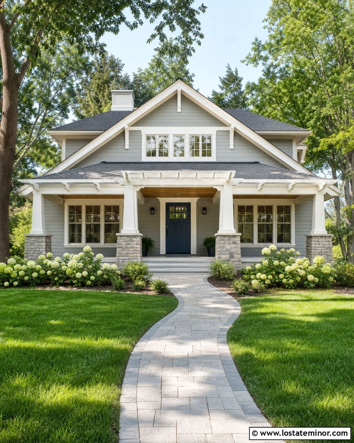 Light Grey Craftsman House With White Pergola - 30 Light Grey House Design With Pergola Ideas