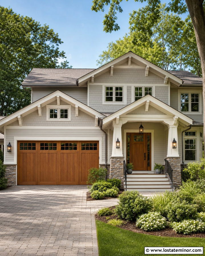 Light Grey Craftsman House With Wood Garage Door - 30 Light Grey House Design With Garage Door Ideas