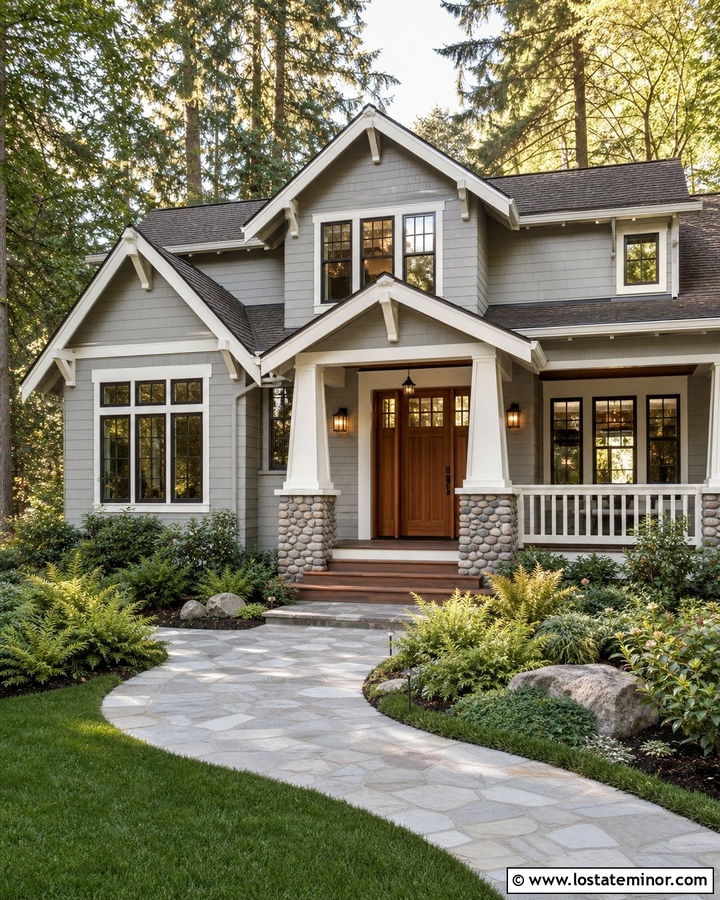 Light Grey Craftsman With Bronze Sconces - 30 Light Grey House Design With Lighting Ideas