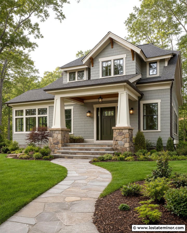 Light Grey Craftsman With Bronze Sconces - 30 Light Grey House Design With Light Fixtures Ideas
