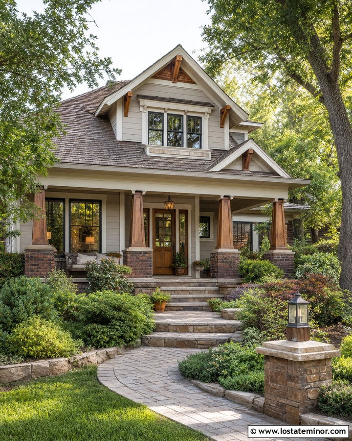 Light Grey Craftsman With Brown Brick And Cedar - 30 Light Grey House Design With Brick Accents Ideas