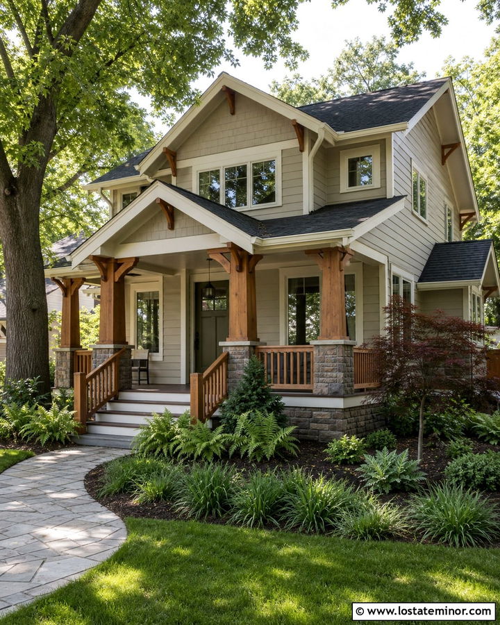 Light Grey Craftsman With Cedar Railings - 30 Light Grey House Design With Railings Ideas