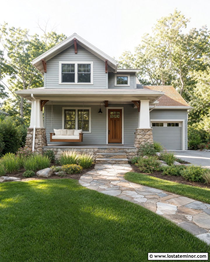 Light Grey Craftsman With Cedar Swing - 30 Light Grey House Design With Swing Ideas