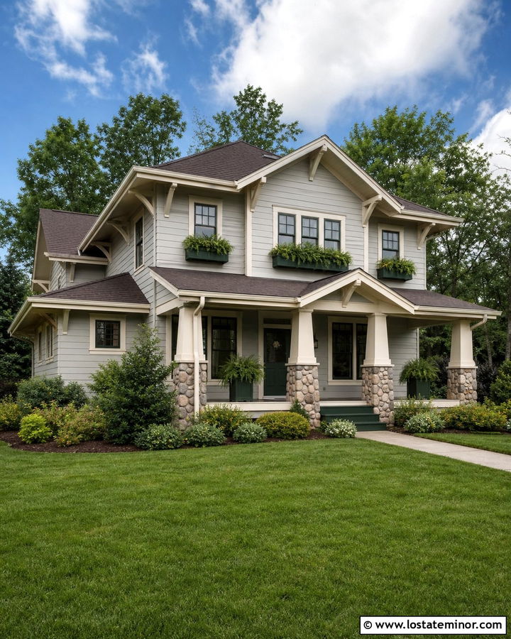 Light Grey Craftsman With Dark Green Window Boxes - 30 Light Grey House Design With Window Boxes Ideas