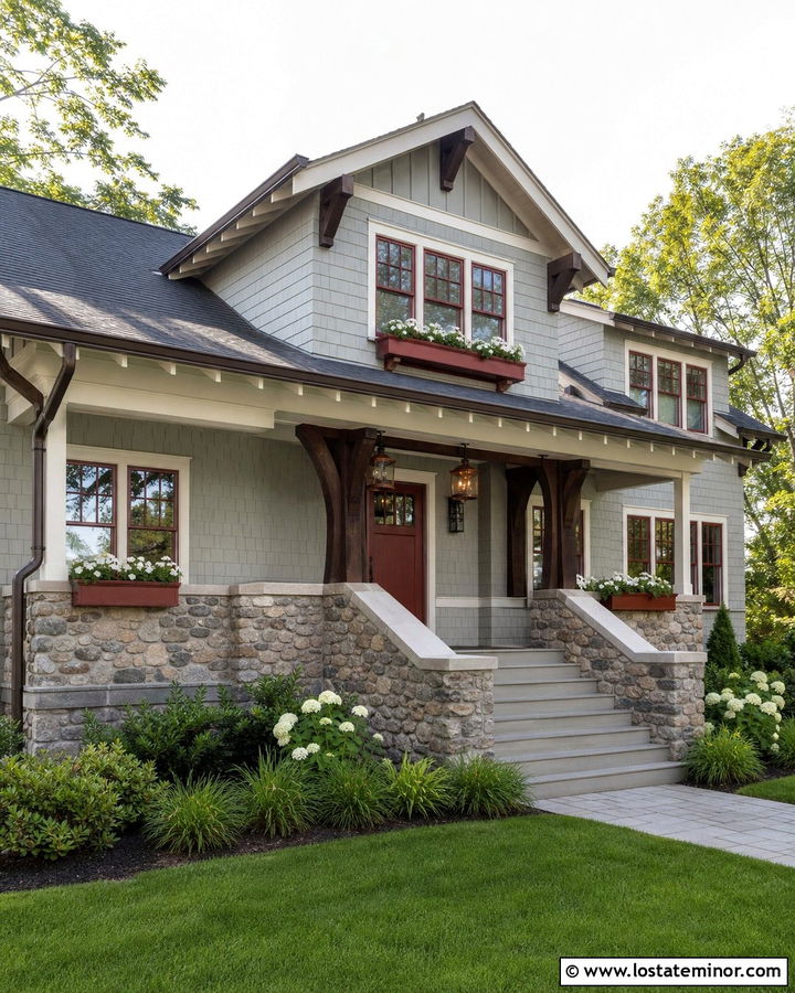 Light Grey Craftsman With Red Window Boxes - 30 Light Grey House Design With Window Boxes Ideas