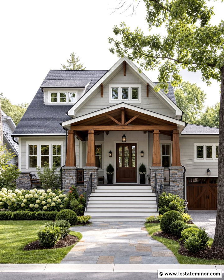 Light Grey Craftsman With Timber Front Porch - 30 Light Grey House Design With Front Porch Ideas