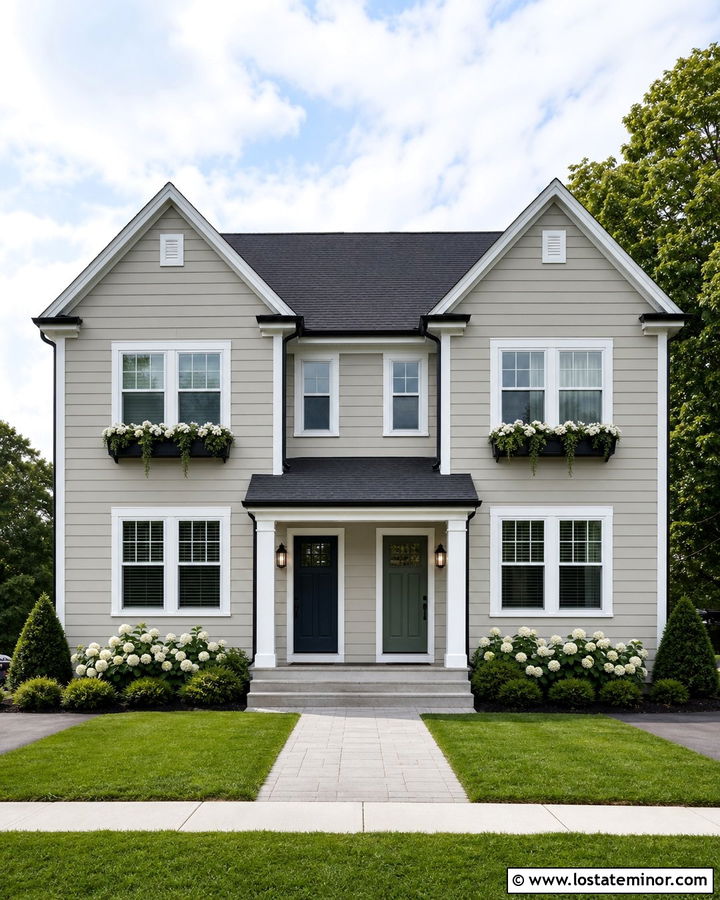 Light Grey Duplex With Matching Window Boxes - 30 Light Grey House Design With Window Boxes Ideas