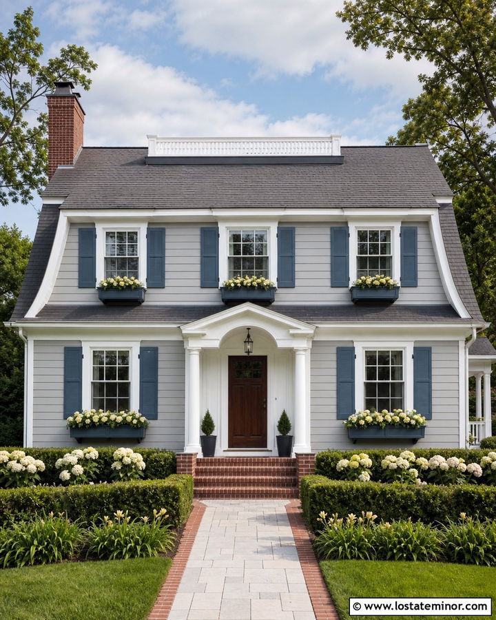 Light Grey Dutch Colonial With Blue Window Boxes - 30 Light Grey House Design With Window Boxes Ideas