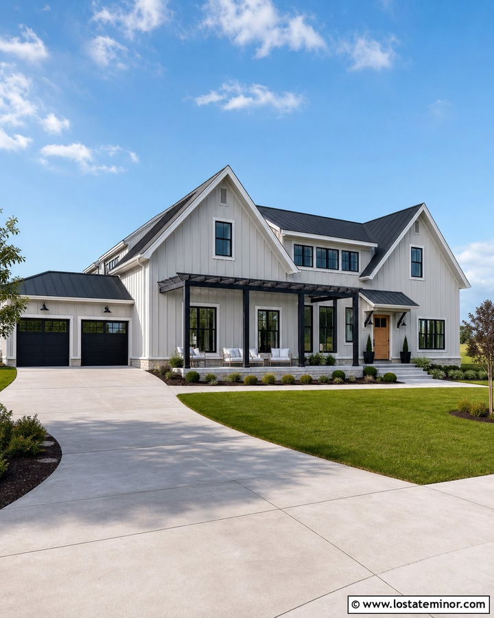 Light Grey Farmhouse With Black Pergola - 30 Light Grey House Design With Pergola Ideas