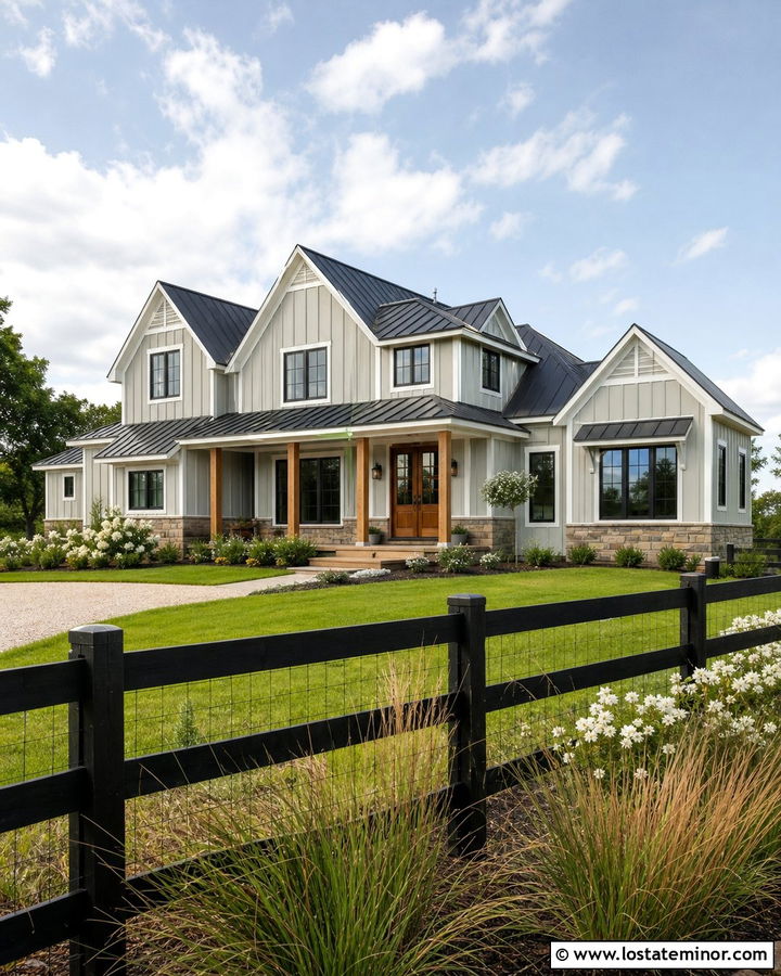 Light Grey Farmhouse With Black Post And Rail Fence - 30 Light Grey House Design With Fence Ideas