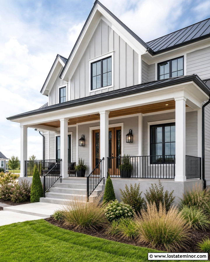 Light Grey Farmhouse With Black Railings - 30 Light Grey House Design With Railings Ideas