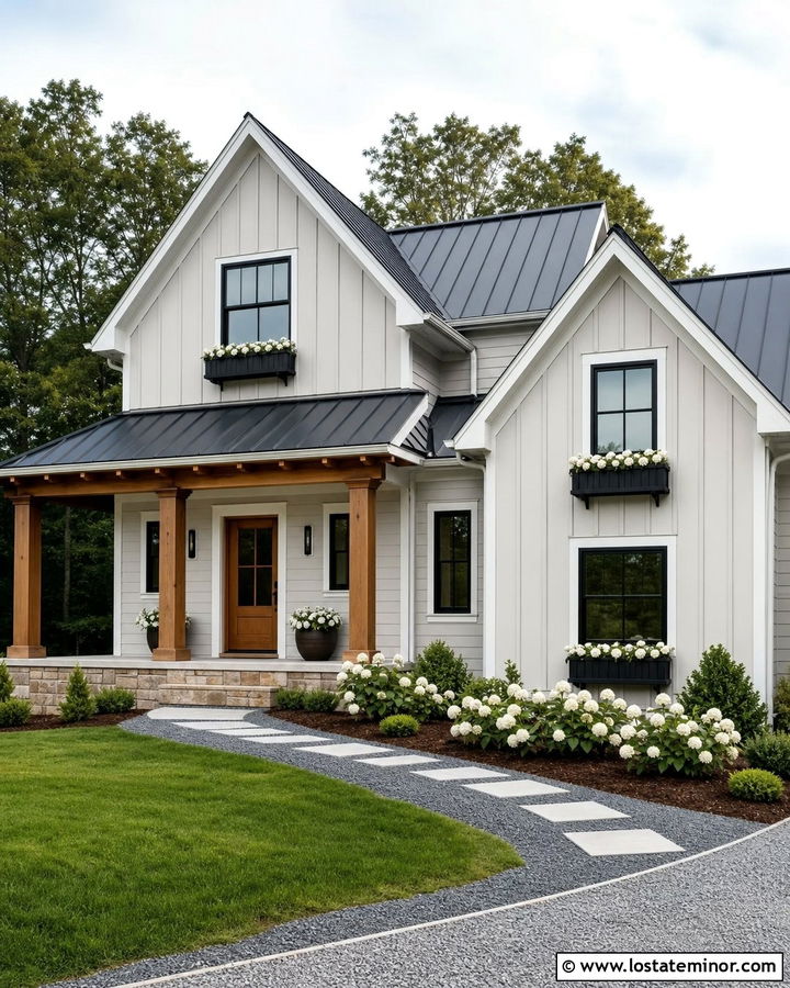Light Grey Farmhouse With Black Window Boxes - 30 Light Grey House Design With Window Boxes Ideas