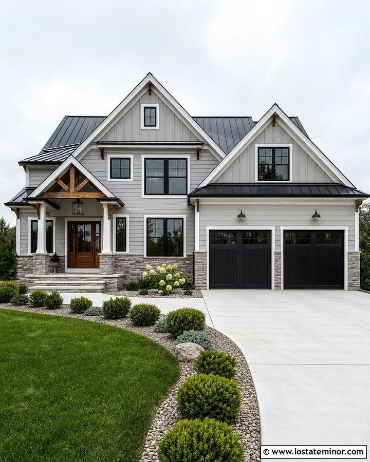 Light Grey Farmhouse With Board And Batten Gables - 30 Light Grey House Design With Gables Ideas