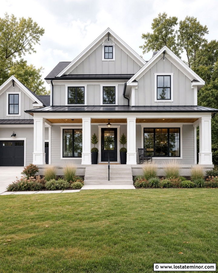 Light Grey Farmhouse With Board And Batten Porch Columns - 30 Light Grey House Design With Porch Columns Ideas
