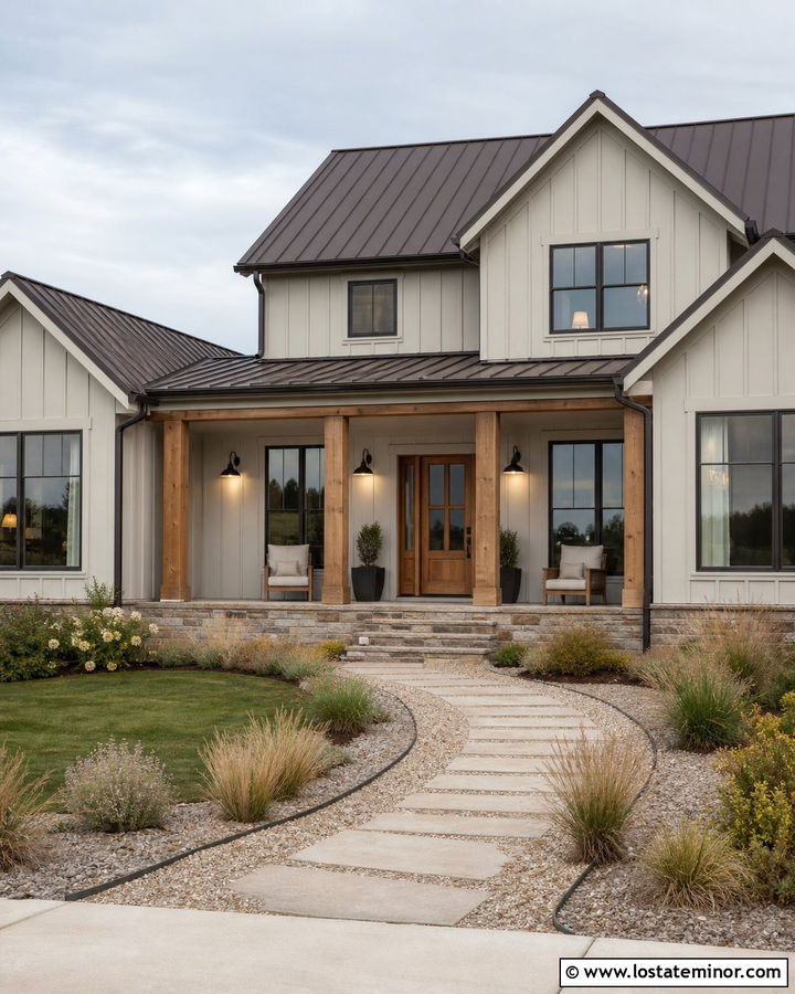 Light Grey Farmhouse With Bronze Window Frames - 30 Light Grey House Design With Window Frames Ideas