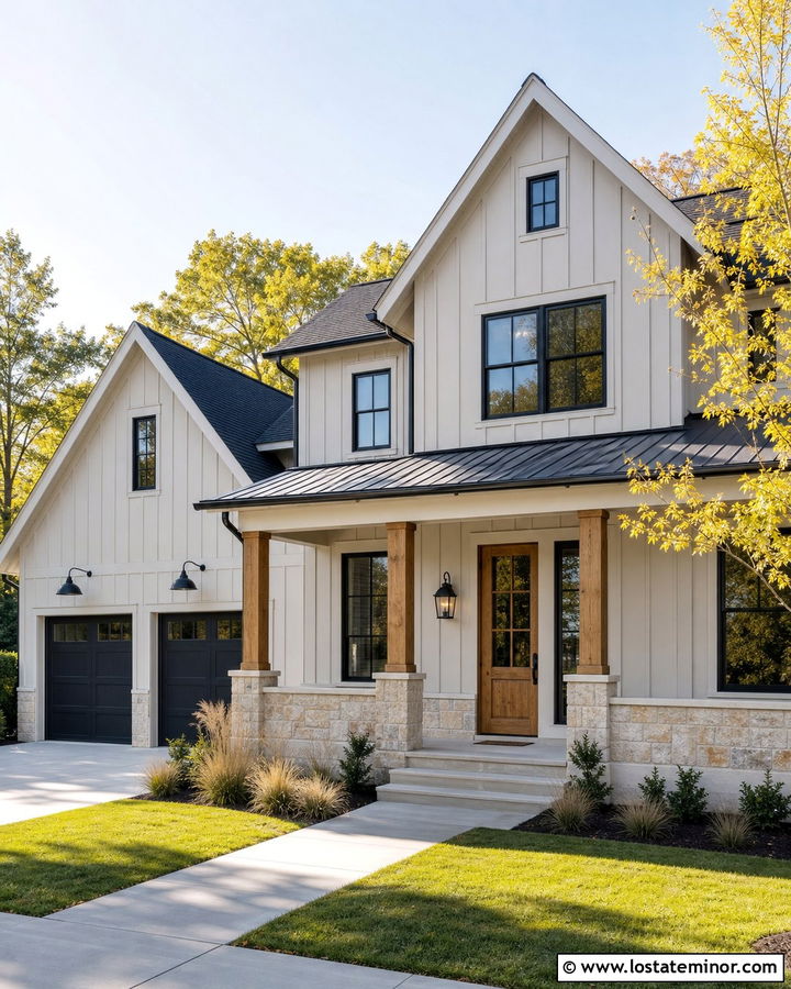 Light Grey Farmhouse With Gooseneck Lights - 30 Light Grey House Design With Lighting Ideas