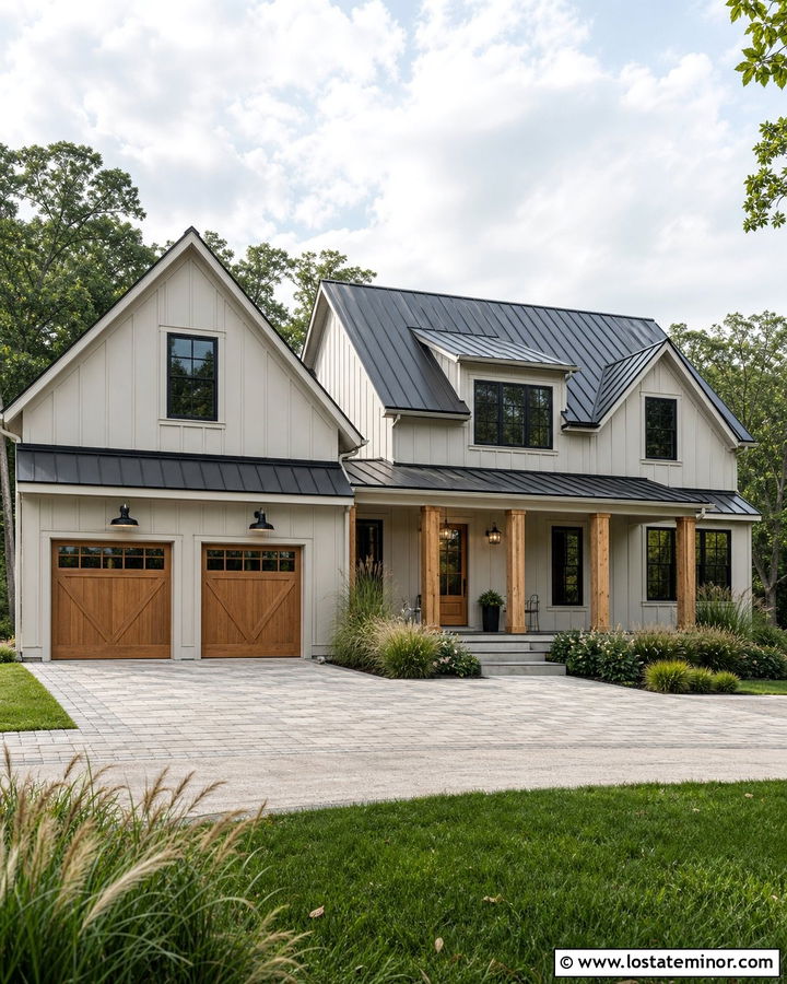 Light Grey Farmhouse With Gooseneck Lights - 30 Light Grey House Design With Light Fixtures Ideas